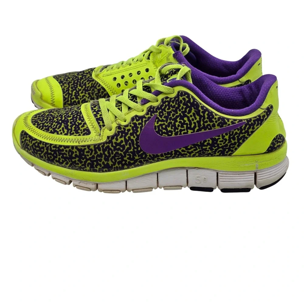 Nike Free 5.0 Running Shoes Mens 10 Volt Purple Safari Print 580590-708 Athletic